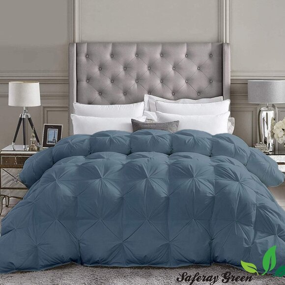 Steel Blue Pintuck Queen Comforter - 100% Organic Cotton, Luxury All-Season Comf - Picture 1 of 9